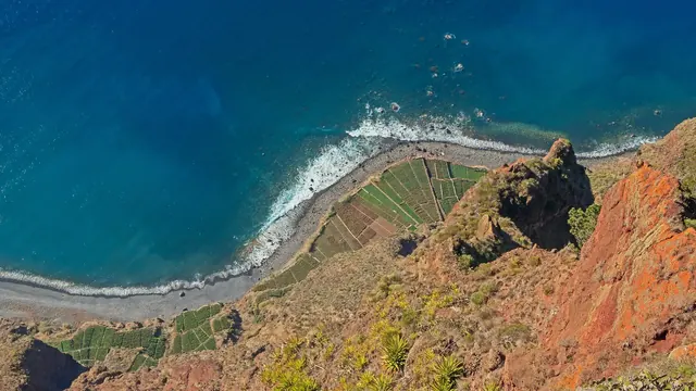 The view straight down from Cabo Girão: sheer ochre cliffs, the farmed fajãs at the base and the Atlantic, Madeira