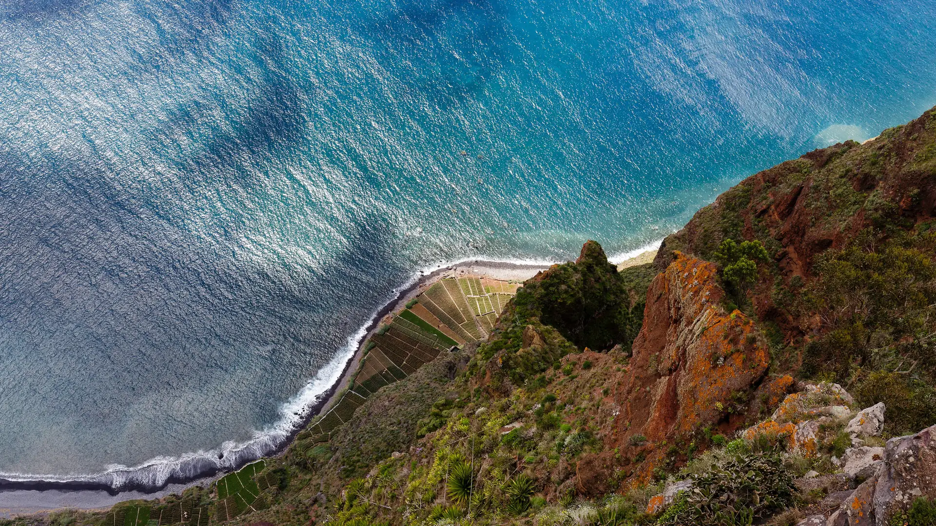 The turquoise sea and terraced fields far below the Cabo Girão clifftop, Madeira