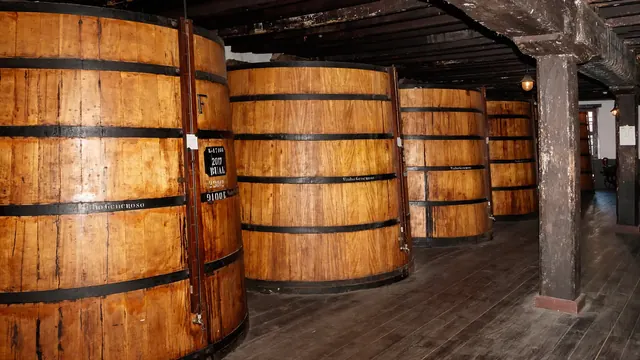 Wine barrels ageing in the cellars of a Madeira wine lodge in Funchal